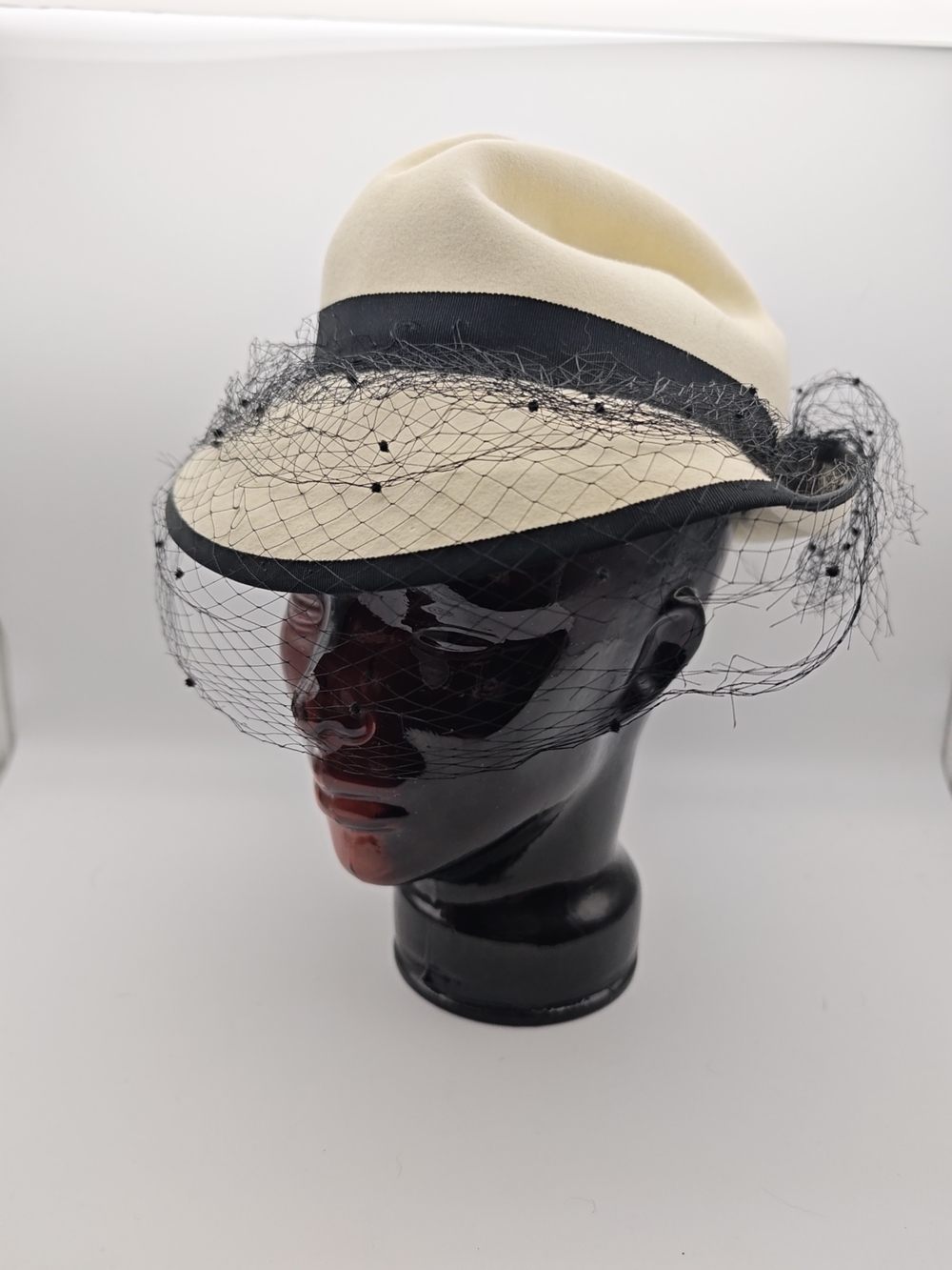 Vintage Adolfo Cream Fedora Black Band Veil Saks Fifth Avenue Hat